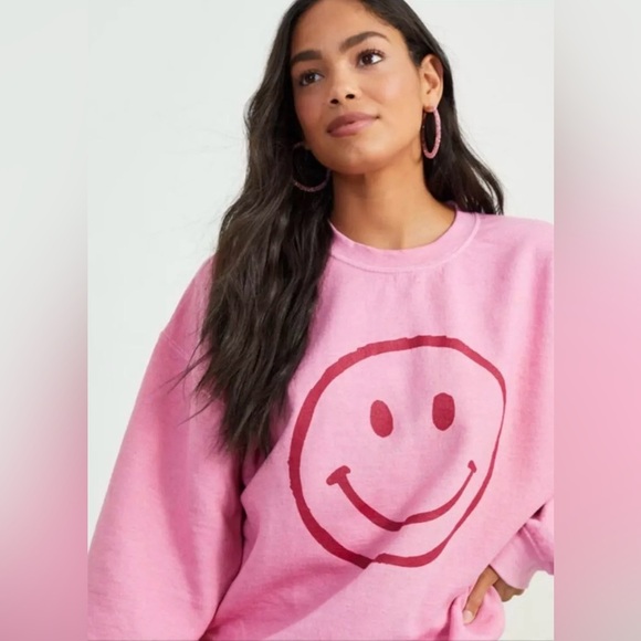 Altar’d State Women’s Smiley Face Crewneck in Pink Size S/M - Picture 1 of 6